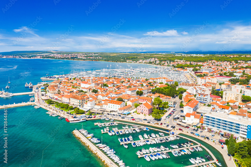 Fototapeta premium Drone aerial view of marina in town of Biograd na Moru, popular tourist summer destination in Dalmatia region of Croatia 