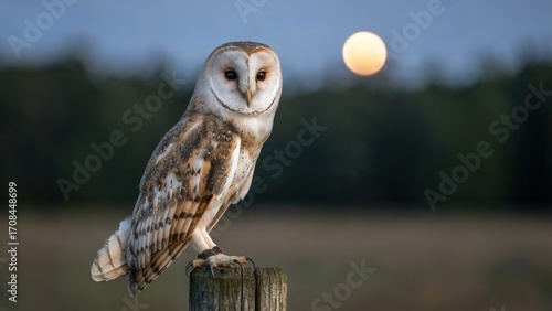 Barn Owl Perched at Night with Moon in Background