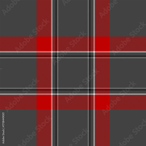 Continuity vector plaid check, strip pattern seamless fabric. Formal texture tartan background textile in grey and red colors.