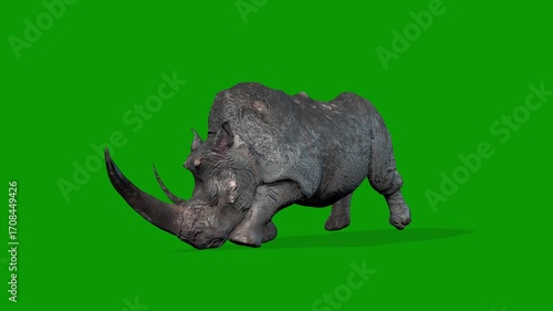 Realistic Rhino Walking Fast From Left Side 3D Rendering Animation on Green Screen