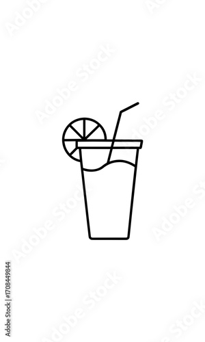 Outline drawing of a drink with lemon slice on transparent background