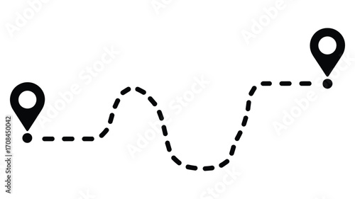 vector illustration of a dashed route path with location pin markers