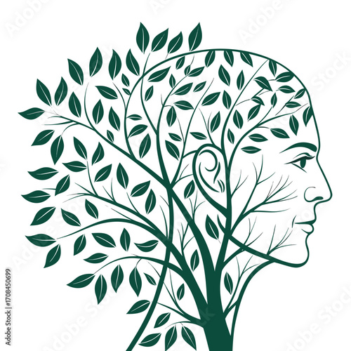 Human Profile with Tree Branches and Leaves Growing from Head vector illustration