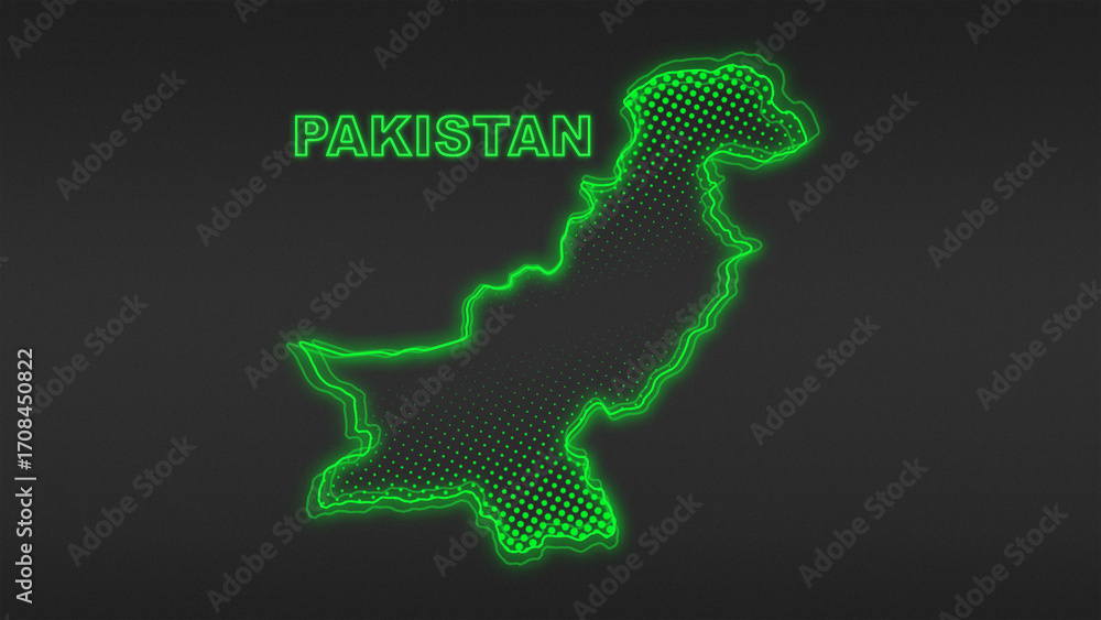 Fototapeta premium Neon Green Pakistan Map Outline Futuristic Digital Glow Halftone Illustration