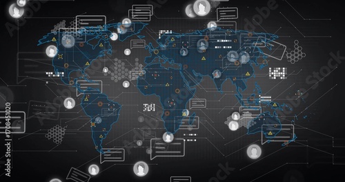 Fotografi Showing network map interface on dark grid featuring user icons, chat bubbles an