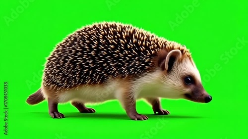 Curious hedgehog walking on a vibrant green background, ready for compositing.