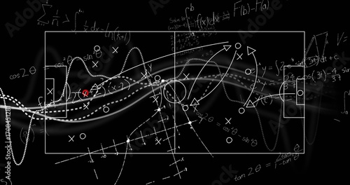 Showing white schematic soccer field on chalkboard, with X and O markers, arrows, curves, equations