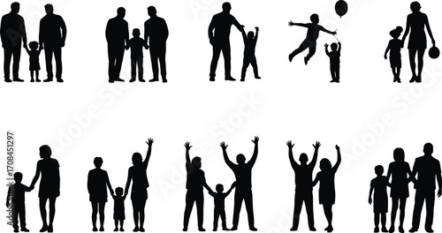 Silhouettes of Families and Children Holding Hands, Playing, Walking, Celebrating Together, Happy Moments, Parenthood, Love, Outdoor Activities Vector Illustration