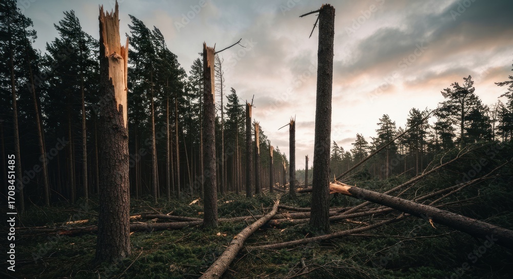 Obraz premium Storm-ravaged forest, broken trees and branches litter the ground. A path of devastation