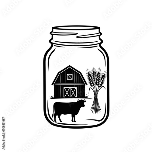 Farm scene in a jar vector illustration isolated on white background cow, barn, and wheat