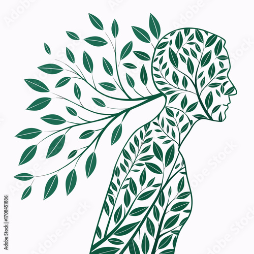 Human Silhouette Formed by Green Tree Branches and Leaves vector illustration