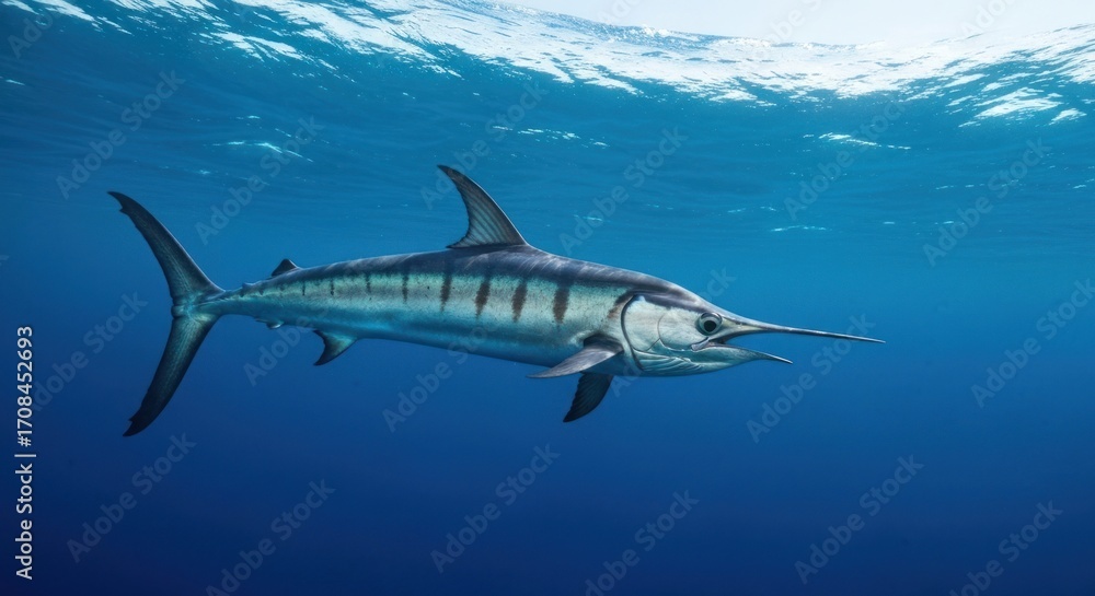 Obraz premium Striped marlin in deep blue ocean. Sunlight filters subtly