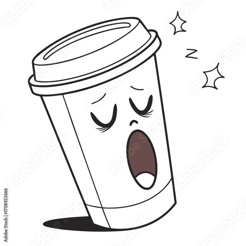 Outline of a Yawning Coffee Cup Character with Closed Eyes drink beverage