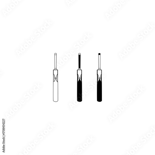Three monochromatic cricket bat illustrations, one in grayscale, one in black, and one in white, on a plain white background.