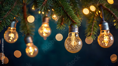 Glowing Vintage Bulb String Lights on Christmas Pine Branches