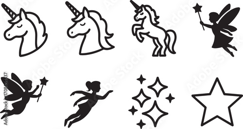 Enchanting Unicorns and Whimsical Fairies A Collection of Mystical Creatures and Sparkling Stars Vector
