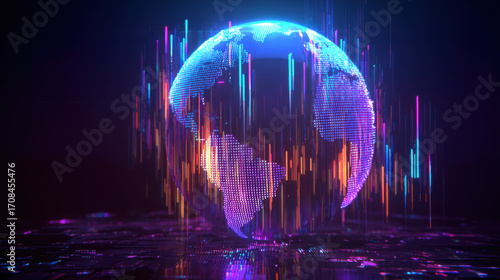 Digital Futuristic Globe Made of Glowing Stock Charts with Data Streams Around