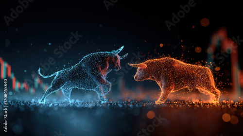 Digital glowing bull and bear made of particles in front of futuristic stock trading charts