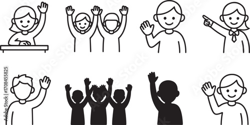 Enthusiastic Student Raising Hand in Classroom Line Art Illustration on Transparent Background Vector