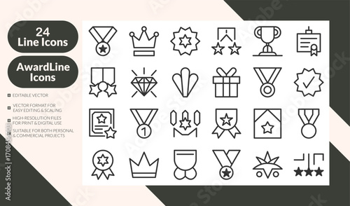 Award and reward line icons set with trophy, medal, star, crown, badge, and certificate. Perfect for apps, websites, business presentations, loyalty programs, and achievements