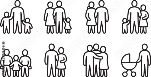 Family Icon Set Depicting Diverse Family Structures and Relationships on a Transparent Background