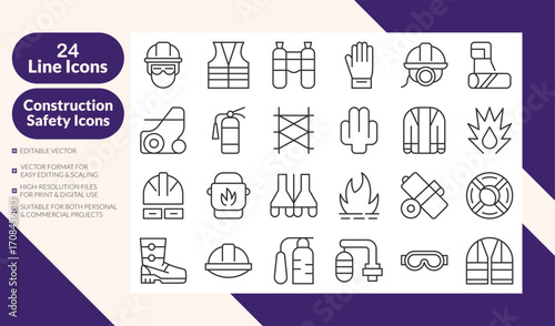 Construction safety icon set with helmet, gloves, boots, fire extinguisher, scaffold, goggles, and hazard signs. Perfect for safety manuals, construction projects, industrial design, and infographics