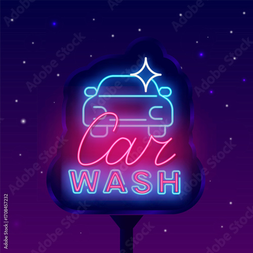Car wash neon street billboard. Auto clean service. Light outdoor emblem. Laser banner. Vector stock illustration
