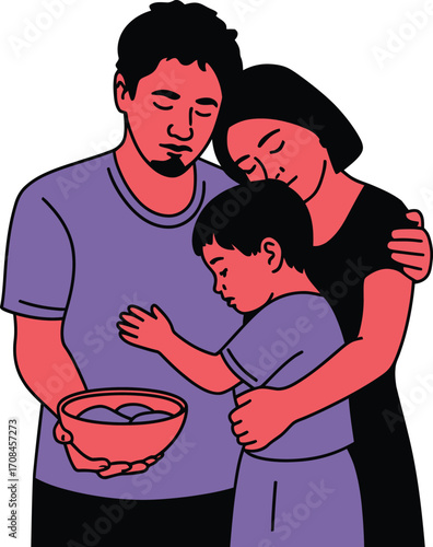 Family embracing with eyes closed, sharing a moment of gratitude and connection.