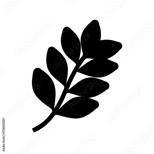 Stylized Simple Leafy Branch Silhouette on White Background for Graphic Design