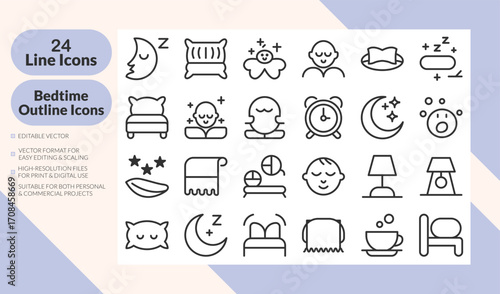 Bedtime outline icons. 24 editable vector icons for sleep, night routine, pillow, moon, alarm, relaxation, cozy rest. Perfect for apps, websites, print, and commercial projects