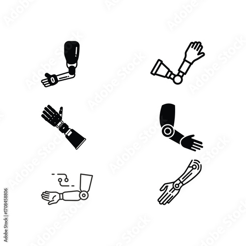 Robotic Prosthetic Arm Icons Set – Bionic Limb, Cybernetic Hand, and Mechanical Arm Designs