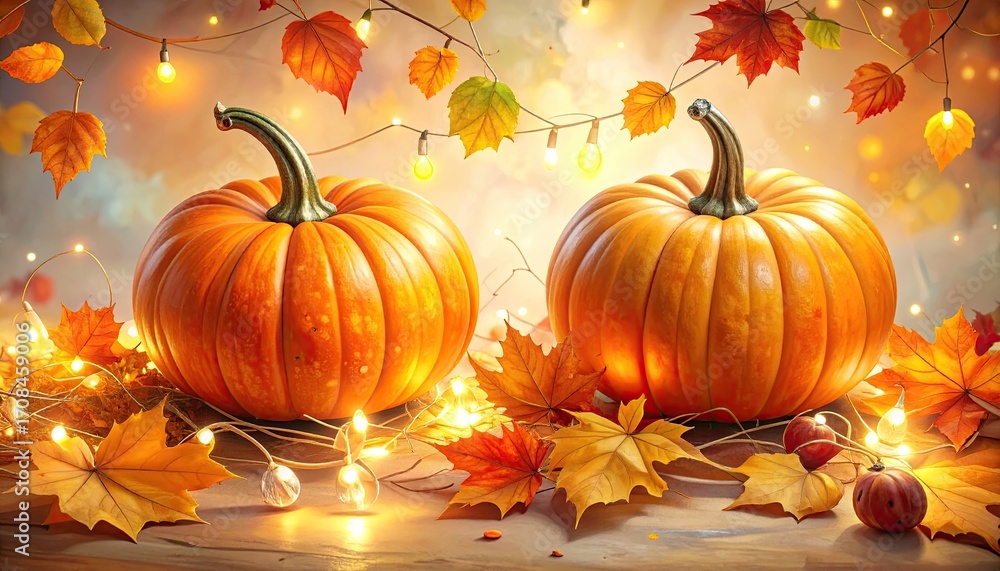 Naklejka premium Two Orange Pumpkins with Fall Leaves and Warm String Lights on a Wooden Surface Against a Soft Blurry Background