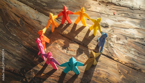 multicolored origami paper people holding hands