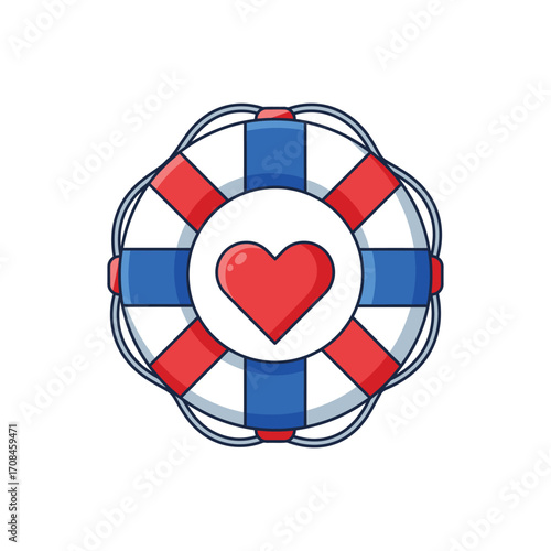Lifebuoy with heart symbol, representing care and safety, ideal for medical, rescue, or love-themed concepts, symbolizing protection and well-being