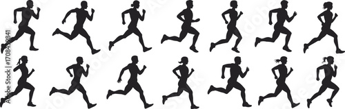 Vector Silhouette of Runners in Motion – Men and Women Running for Fitness, Sports, Exercise, Jogging, and Active Lifestyle Design