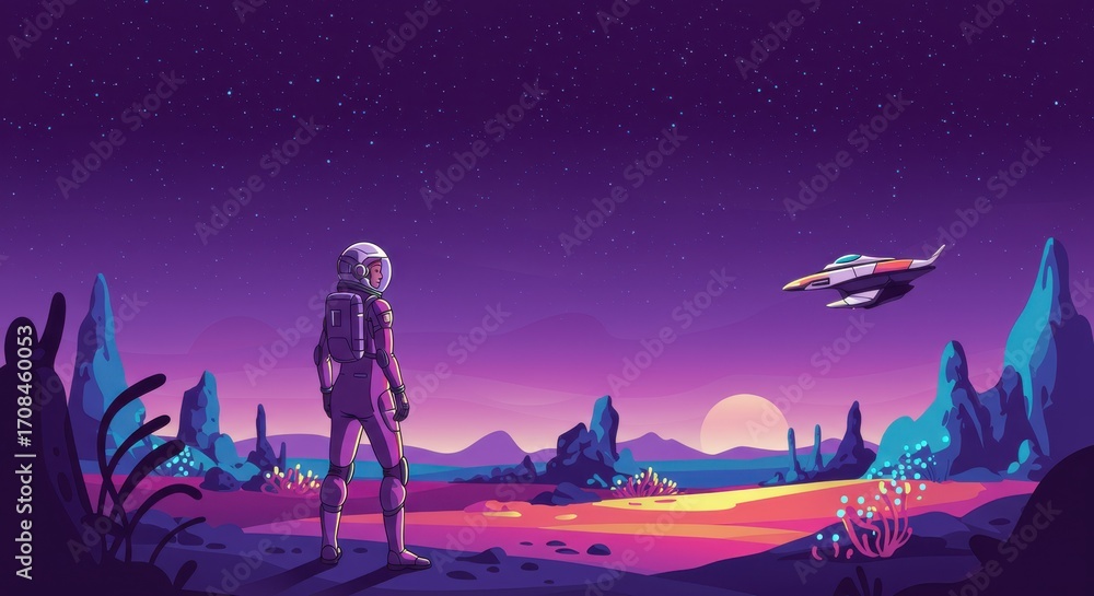 Naklejka premium A space explorer gazes at a distant spacecraft over a vibrant alien landscape under a starlit night.