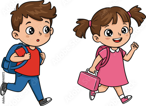 Cute Cartoon School Kids Walking with Backpacks – Vector Illustration of Boy and Girl Going to School with Happy Expressions