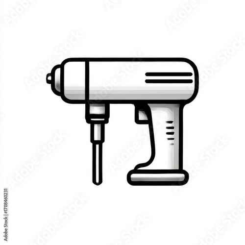 Stylized electric drill icon, sturdy black and white, representing DIY and construction, with copy space