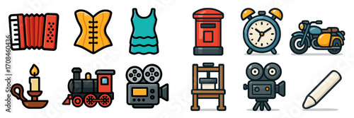 Colorful icons representing various hobbies, vintage items, and tools for creative expression in a playful arrangement