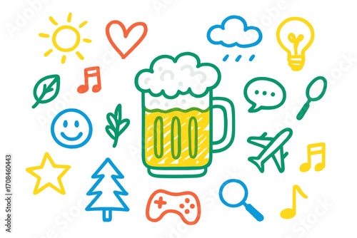 Beer mug surrounded by colorful doodles of nature, music, and fun activities representing celebration and leisure time