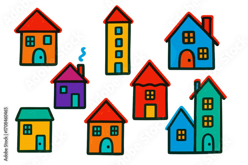 Colorful drawings of different houses and buildings against a white background showing various designs and styles