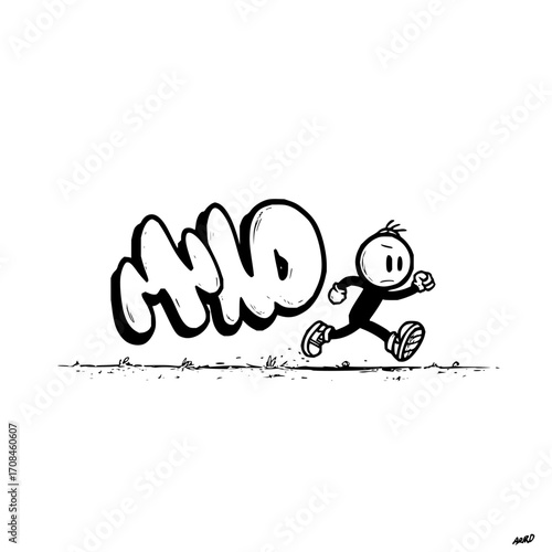 Stick figure running away from graffiti art word no concept illustration black and white drawing design