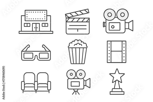 Film and cinema elements including clapperboard, camera, popcorn, and seats that showcase the movie experience