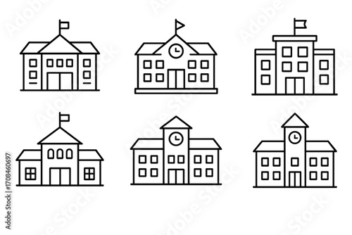 Six simple line drawings of different school buildings with flags and clocks showcasing various architectural styles