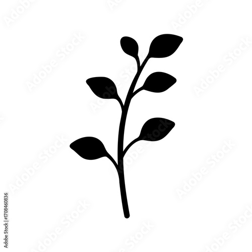 Stylized Black Silhouette of a Plant Stem with Rounded Leaves, Isolated