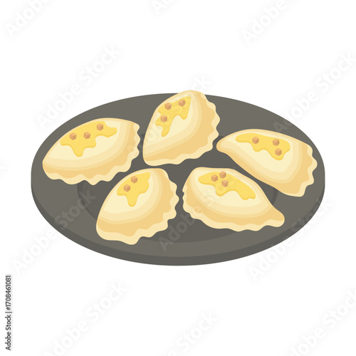 Pierogi, homemade filled dumplings, traditional Polish dish - hand drawn isometric vector illustration.