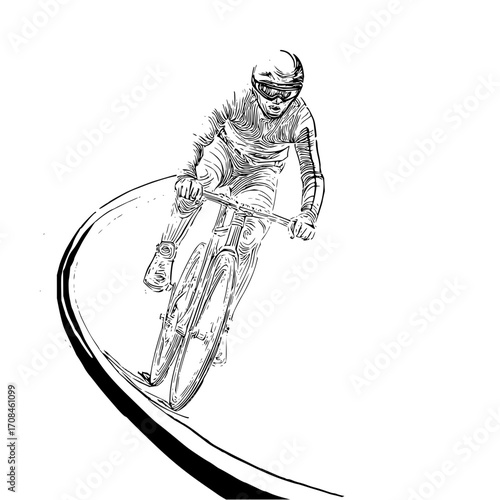 Mountain biking downhill extreme sport cyclist drawing black and white illustration vector artwork design art