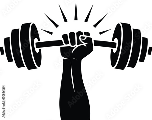 Powerful fist gripping weightlifting barbell strong fitness symbol strength training silhouette