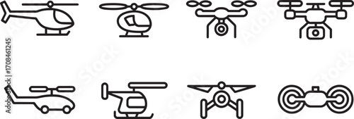 Helicopter and Drone Icons Set Outlined Vector Illustration for Aviation and Technology