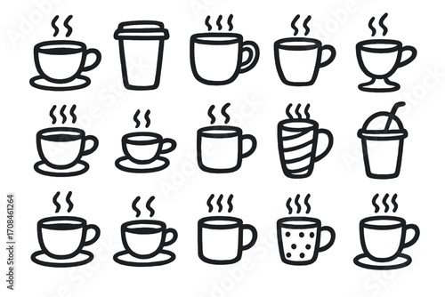 Various cups of coffee arranged in a grid with steam rising, showcasing different styles and designs